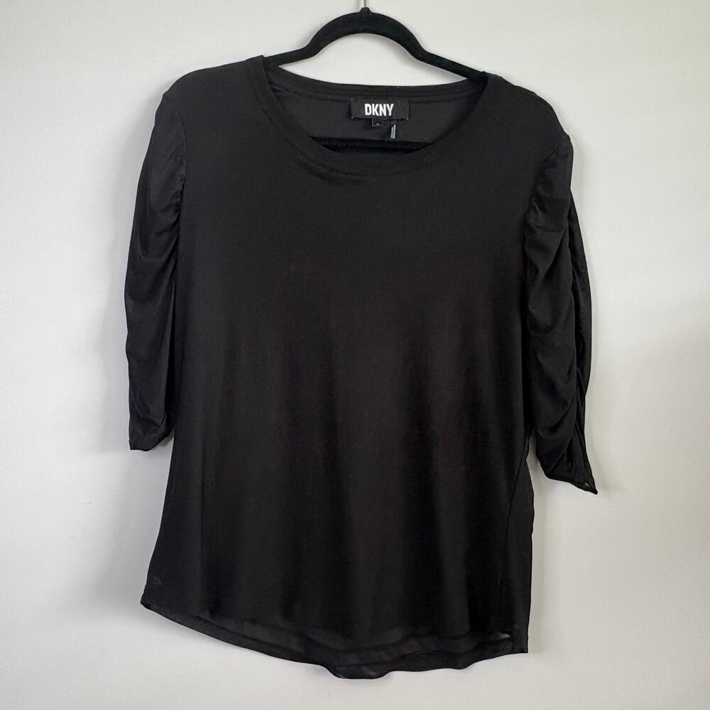 DKNY Black Sheer Overlay Ruched 3 Quarter Sleeve Top XL
